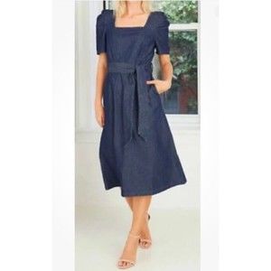 NWT Who What Wear Women's Puff Sleeve Denim Jean Modest Dress Blue sz large a15